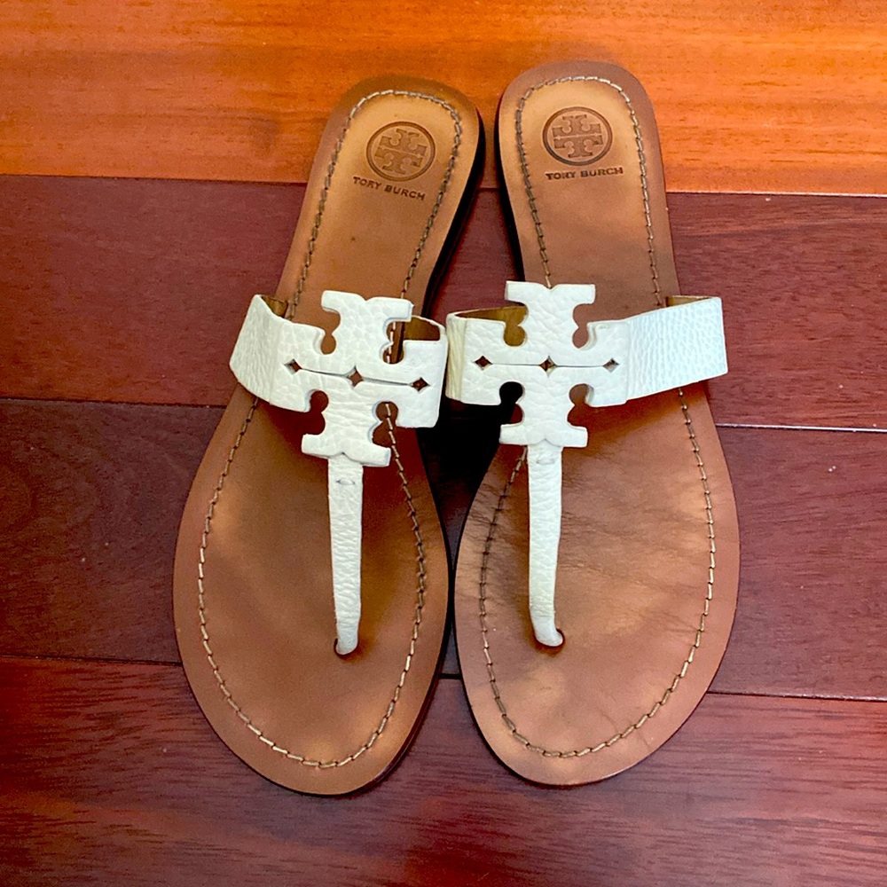 Tory Burch White Leather Miller Thong Sandals